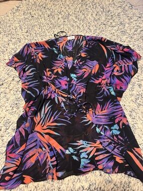 Calvin Klein Black Tropical Leaf Swim Coverup with Purple, Orange & Teal Accents
